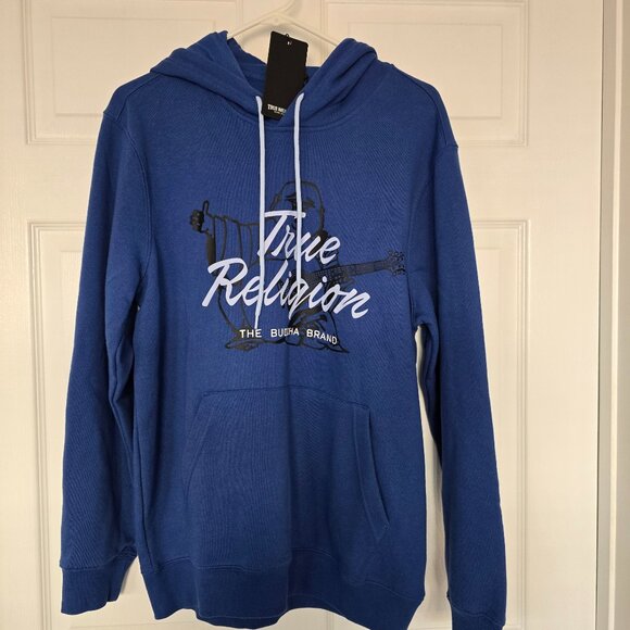 True Religion Men's Script Buddha Pullover Hoodie Pacific Blue Size Medium NWT - Picture 1 of 8
